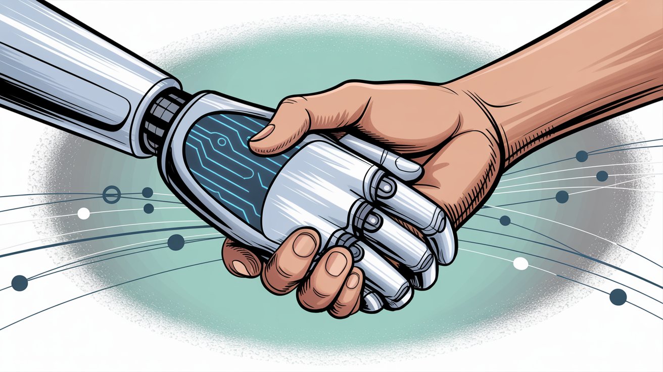 AI robot hand and human hand joining together in handshake showing perfect hybrid AI plus human collaboration