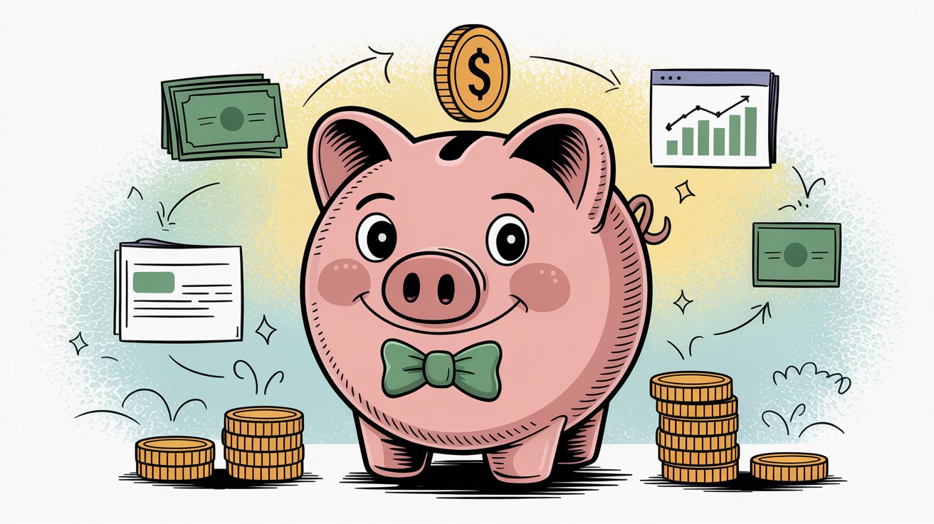 Piggy bank with coins and growth charts representing cost savings from AI chatbot automation