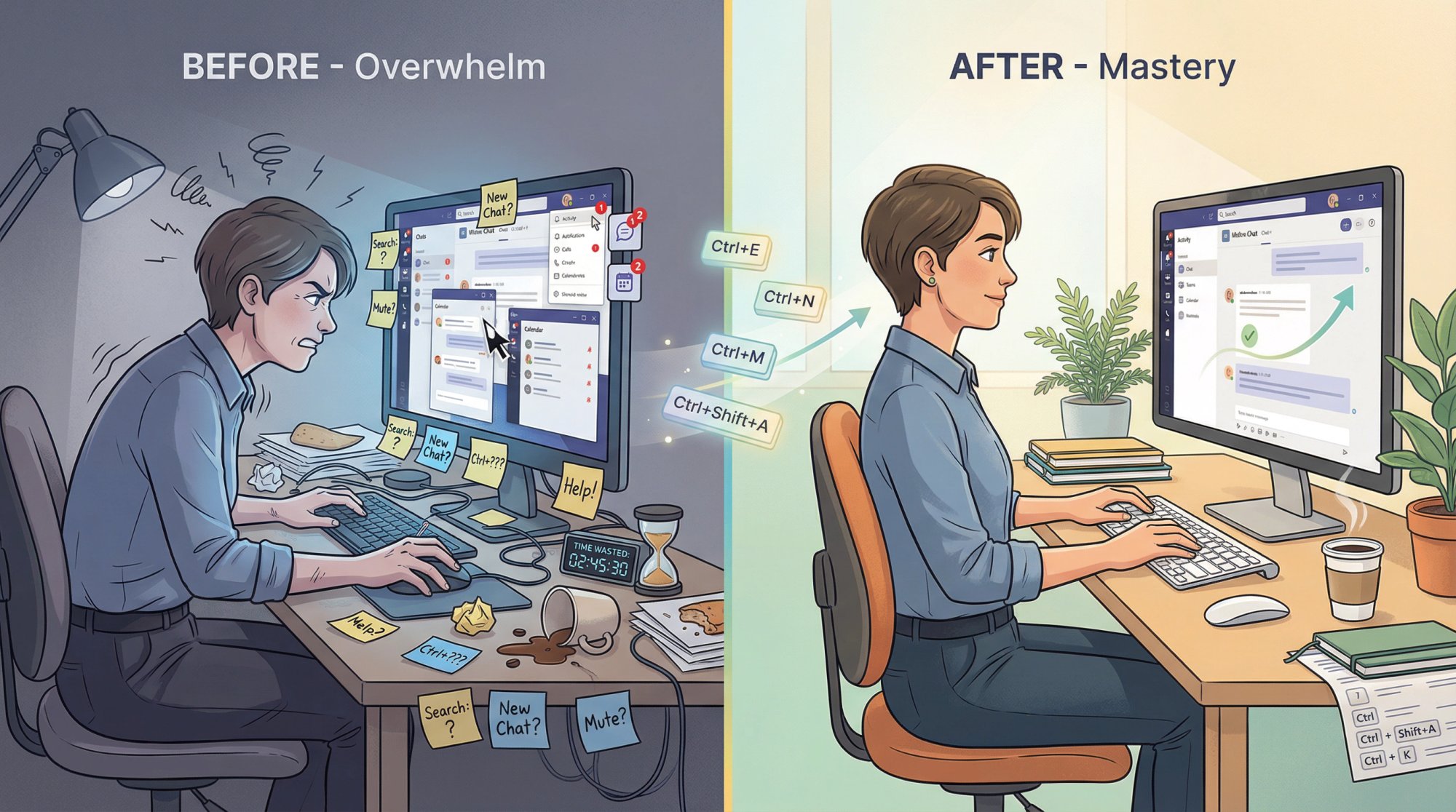 Split-screen illustration showing transformation from frustrated mouse clicking to confident keyboard-driven Teams workflow