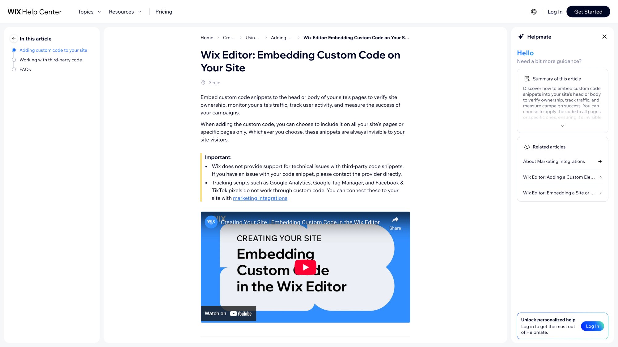Wix support documentation for embedding custom code showing steps to add JavaScript to Wix websites