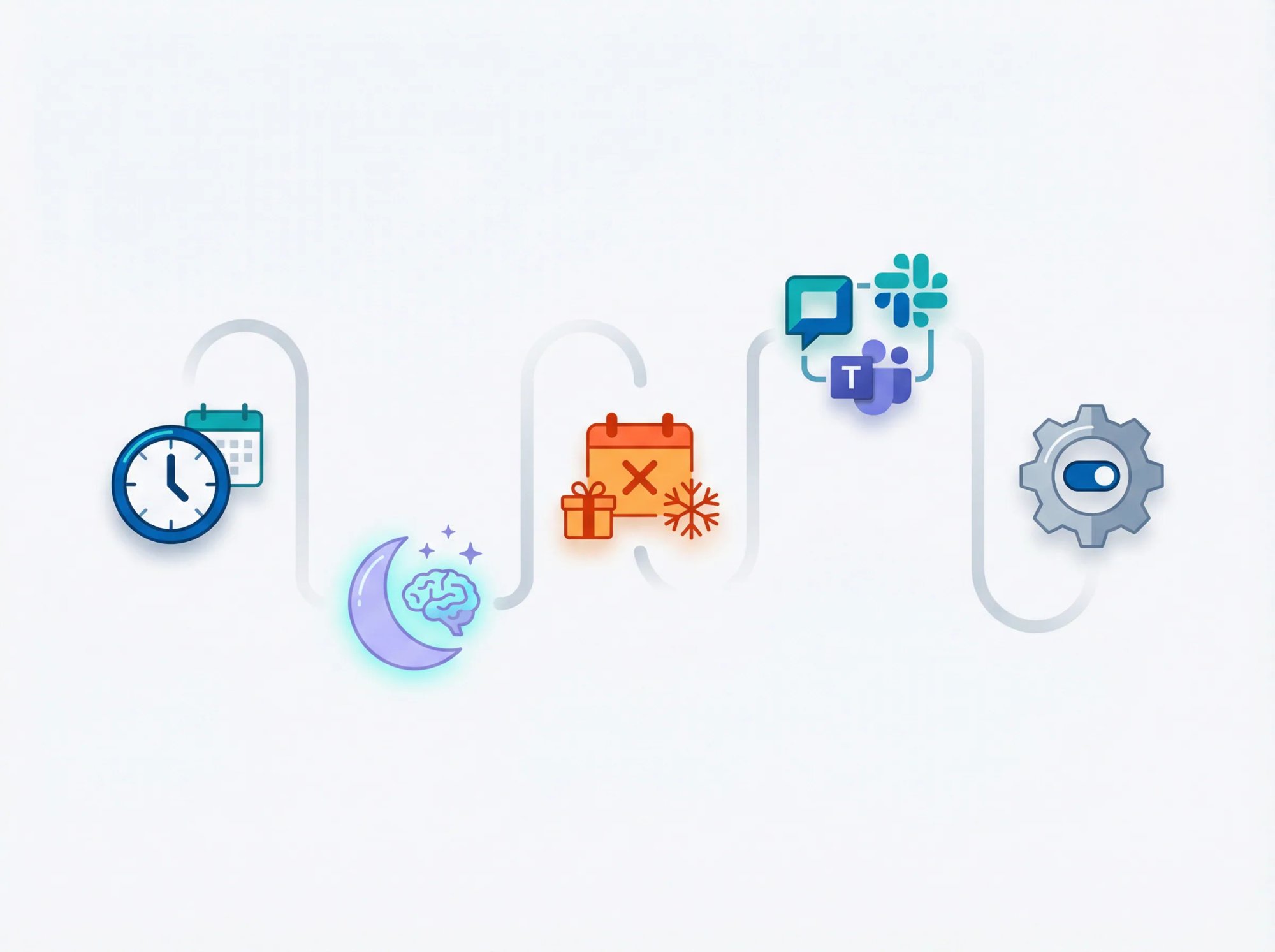 Modern editorial illustration of a flowing support conversation with FAQ topic icons representing business hours questions