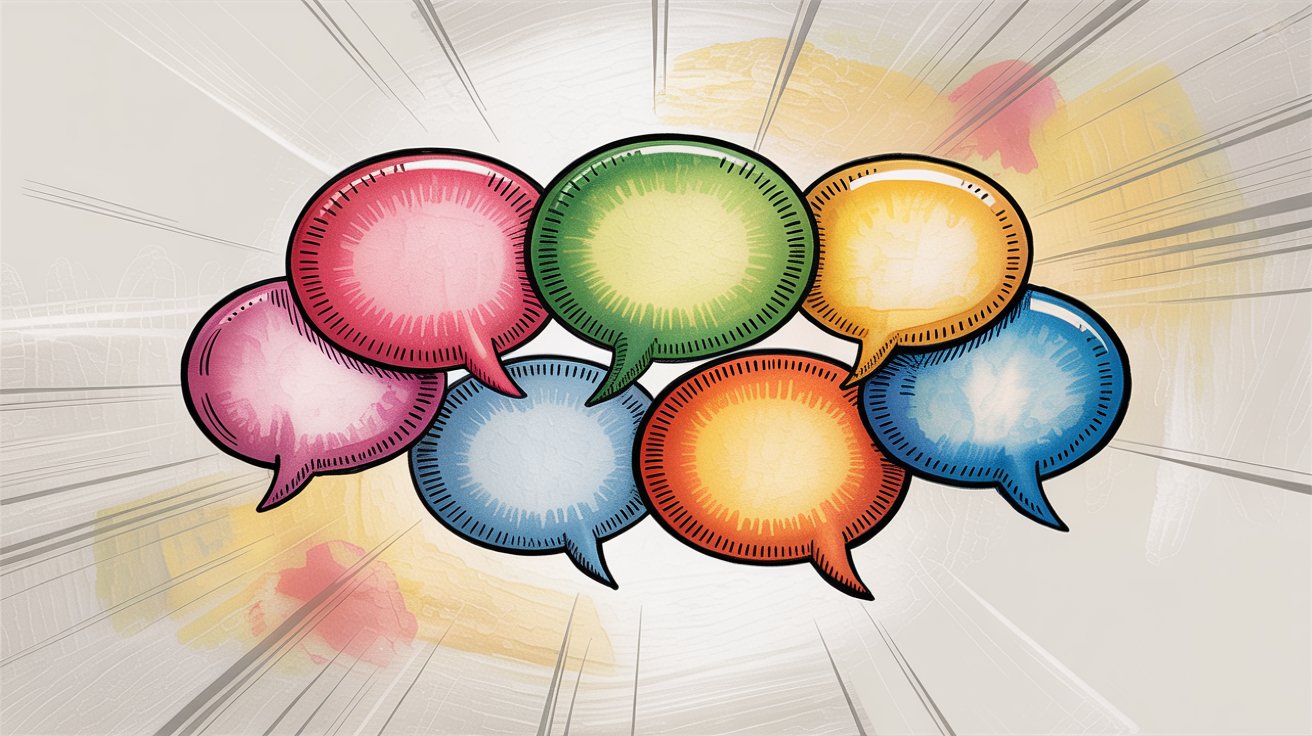 Colorful chat conversation bubbles with radiating lines representing live messaging, real-time communication, and customer interaction in modern support platforms