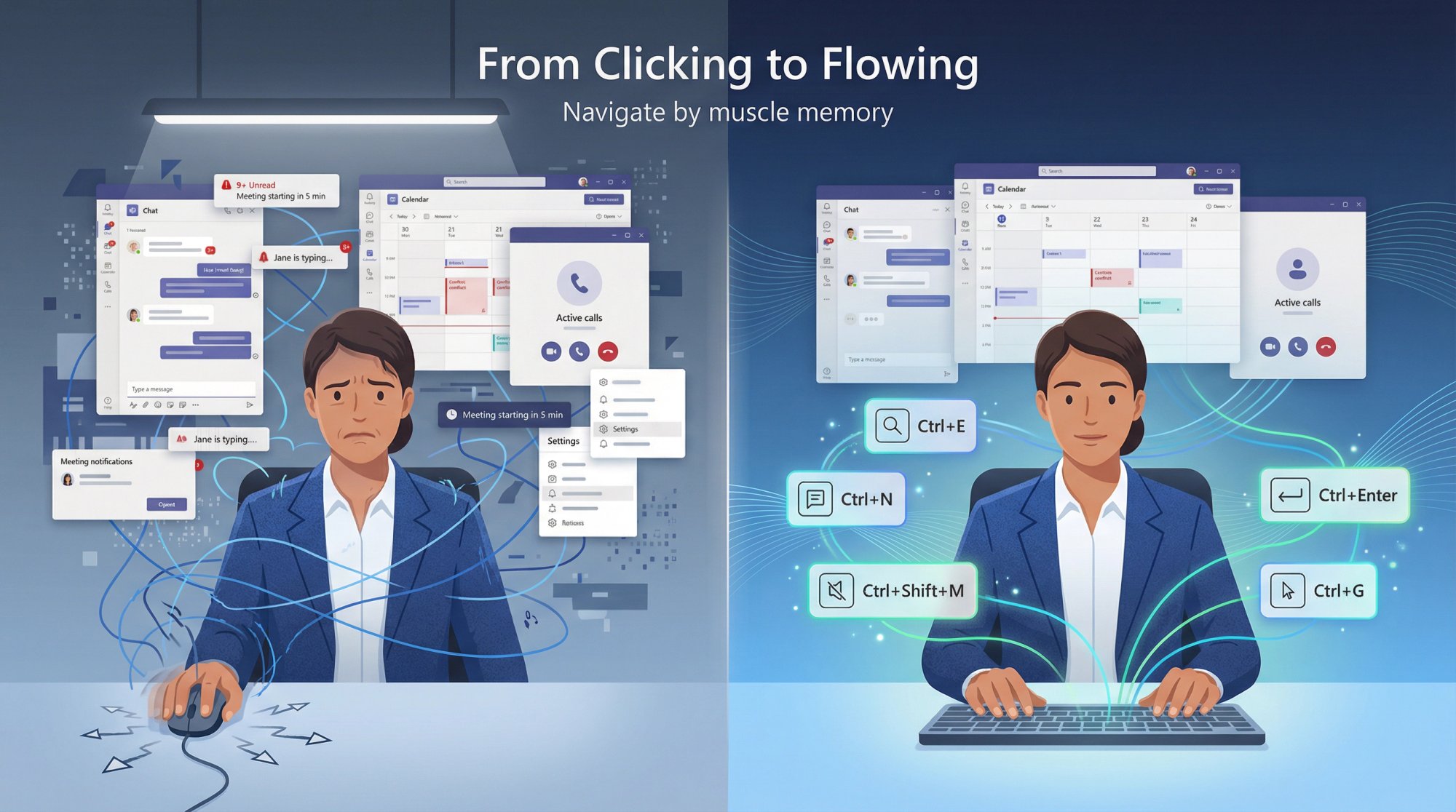 Split illustration showing the transformation from chaotic clicking to efficient keyboard shortcuts in Microsoft Teams