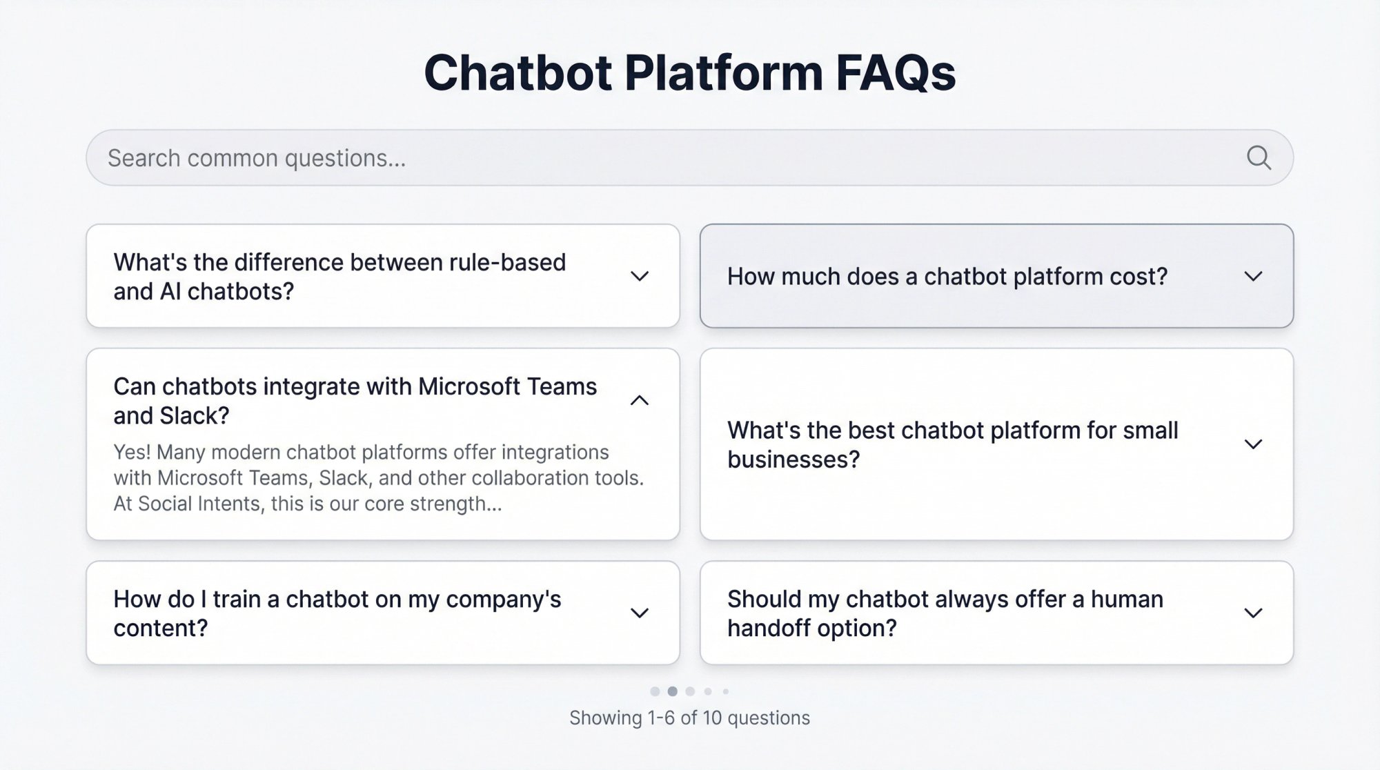 Clean FAQ dashboard interface showing organized chatbot platform questions with search functionality and expandable answer cards