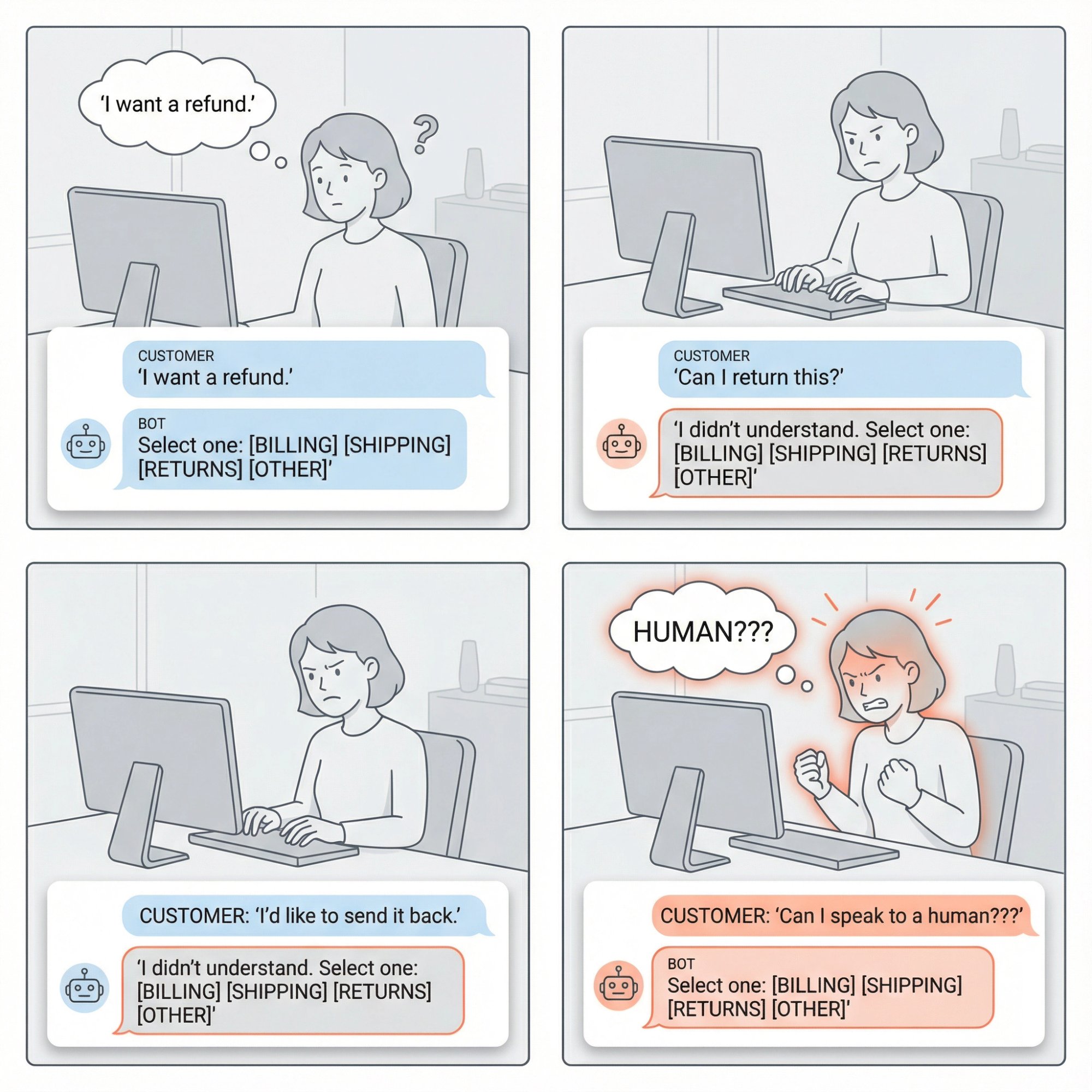 4-panel storyboard showing customer frustration escalation: user rephrases question repeatedly, bot fails to understand, customer demands human agent