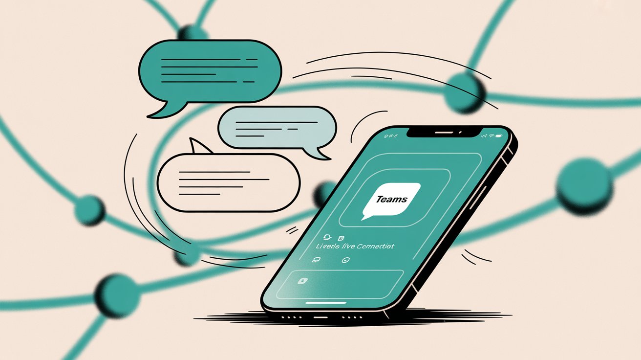 Microsoft Teams app installation showing live chat integration with Teams branding and communication bubbles representing the instant connection functionality