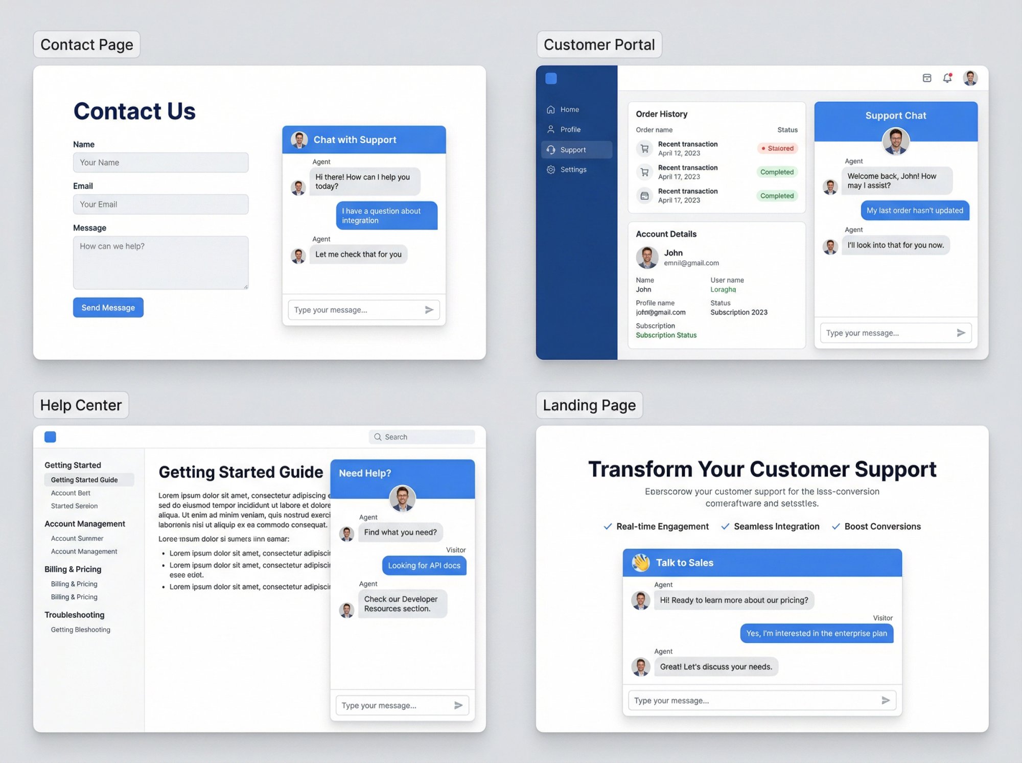 Professional UI mockup showing Social Intents chat widget embedded as iframe in four different page layouts