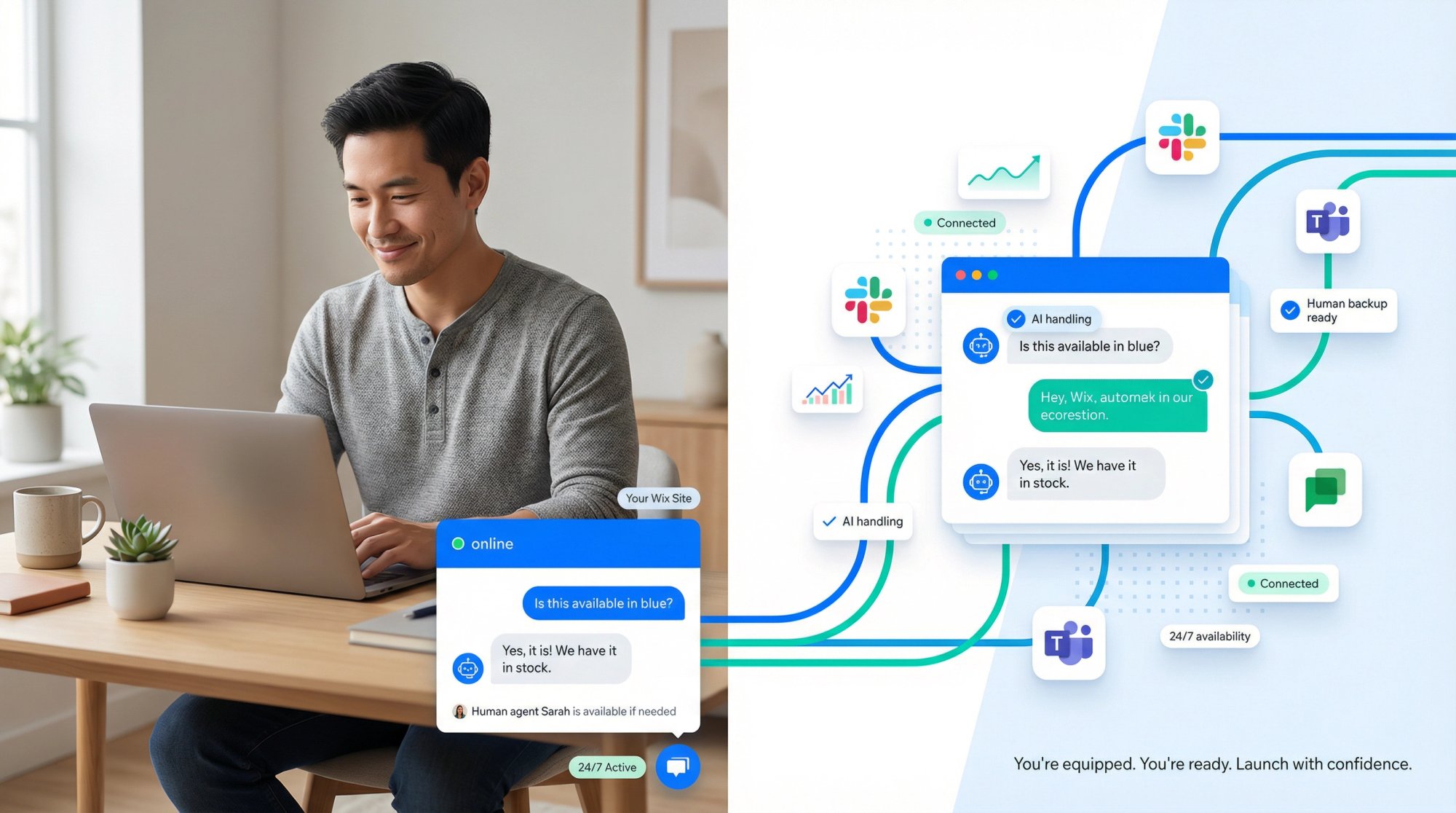 Confident business owner successfully implementing chatbot on Wix website with visible results and support team collaboration