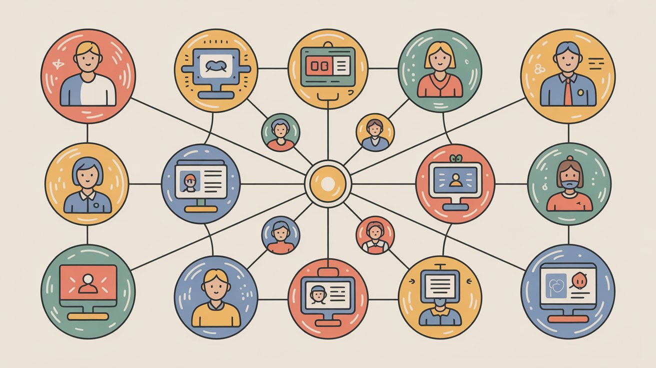 Network diagram showing diverse chatbot use cases connecting customer support, sales, e-commerce, and professional services