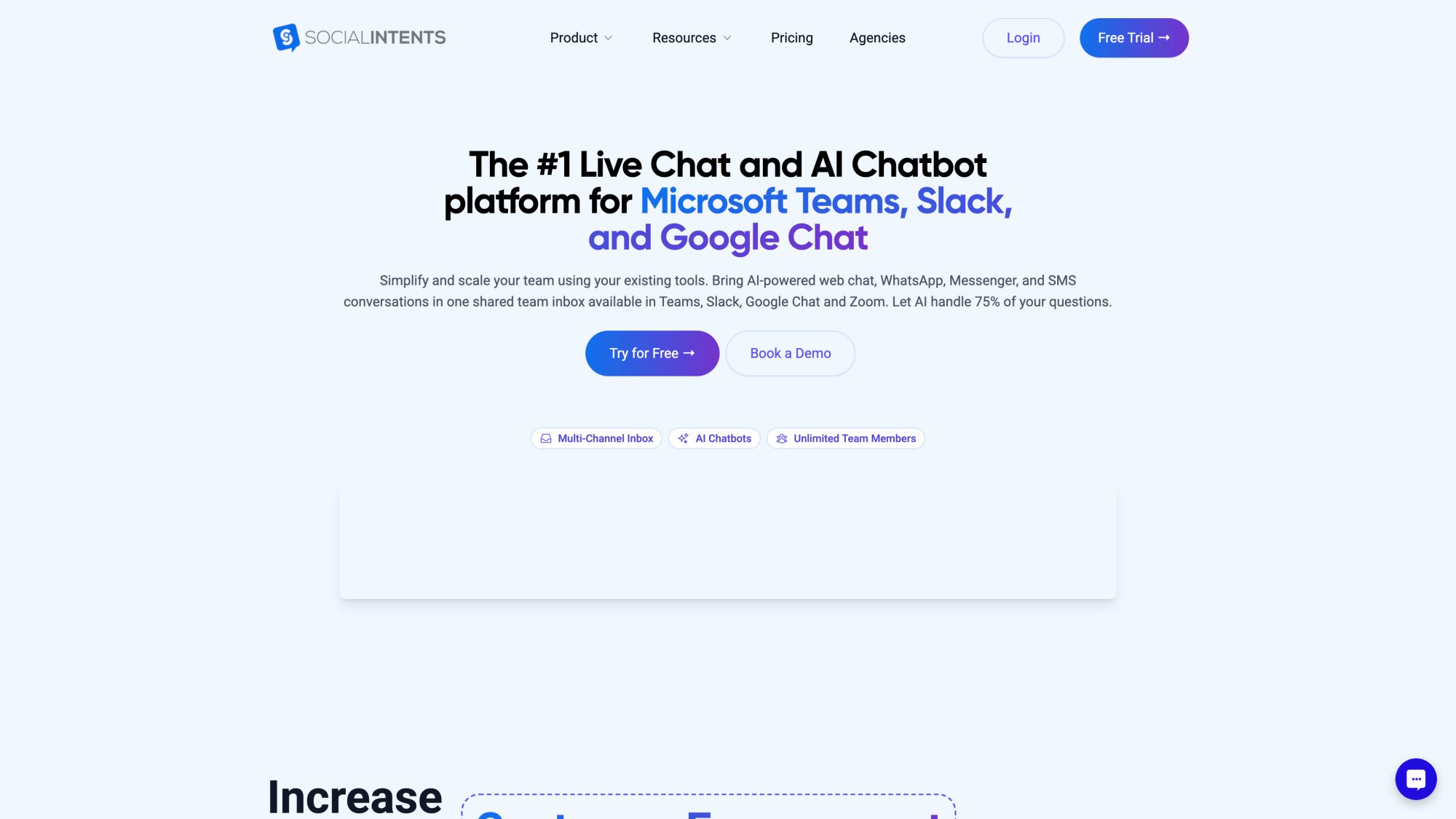 Social Intents homepage showing live chat platform that routes website conversations into Slack Teams and other collaboration tools