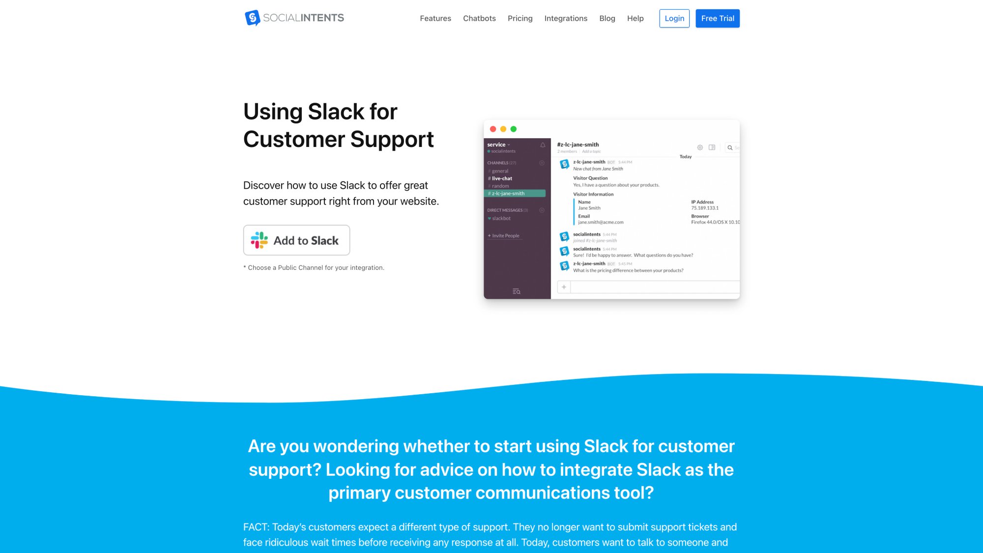 Social Intents Slack customer support integration showing how support teams manage live chat conversations from Slack