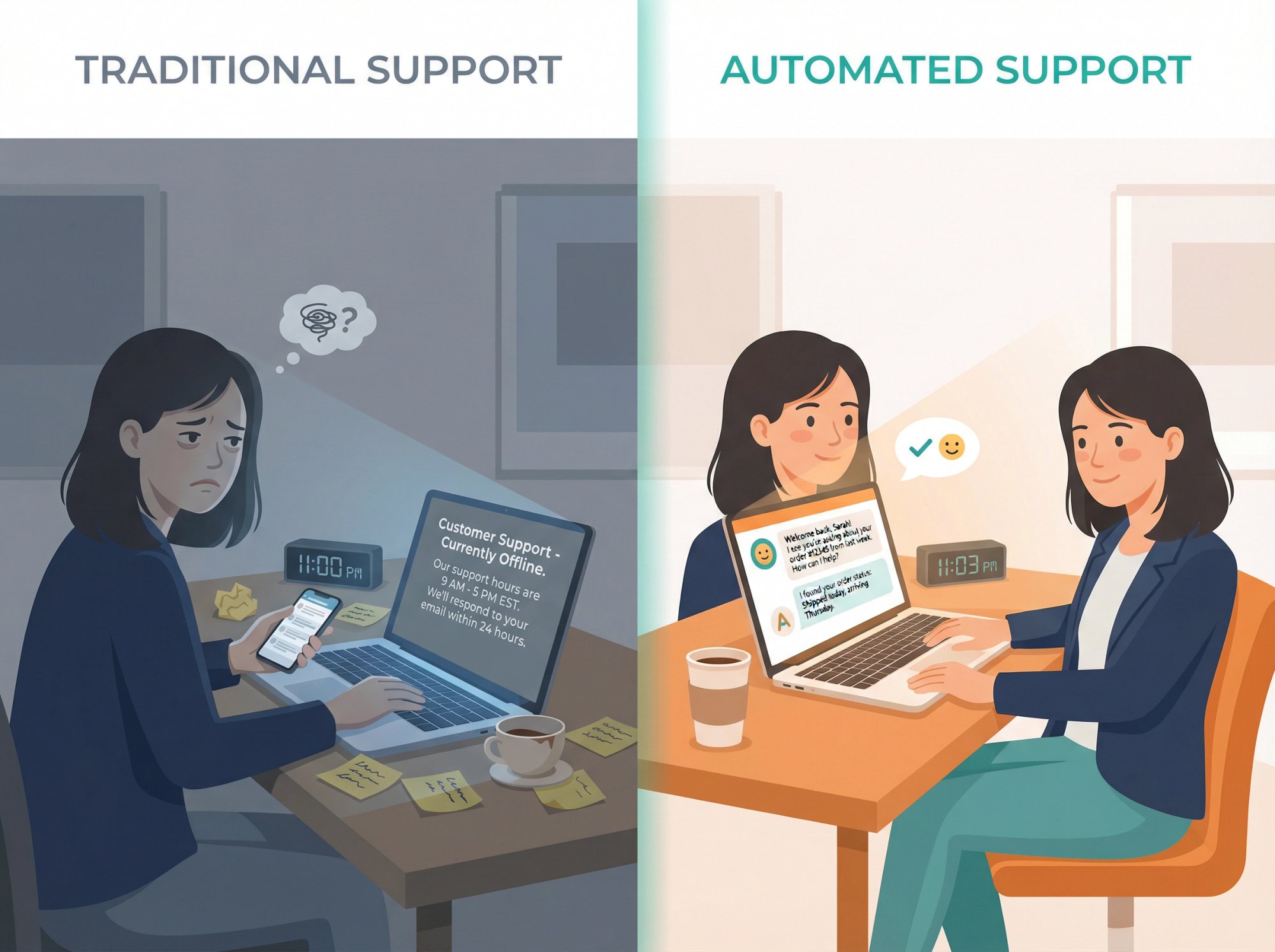 Split-scene comparison showing frustrated customer waiting for traditional support vs. happy customer receiving instant automated assistance