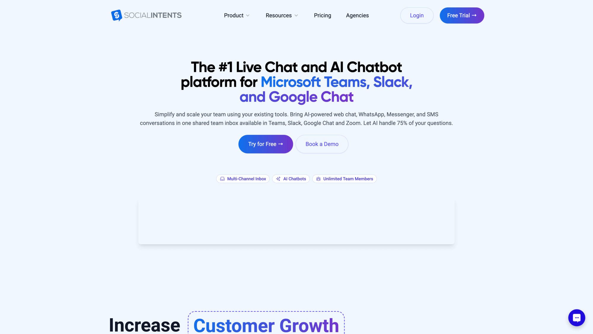 Social Intents app dashboard showing live chat configuration panel with widget customization options, team settings, and real-time chat management interface