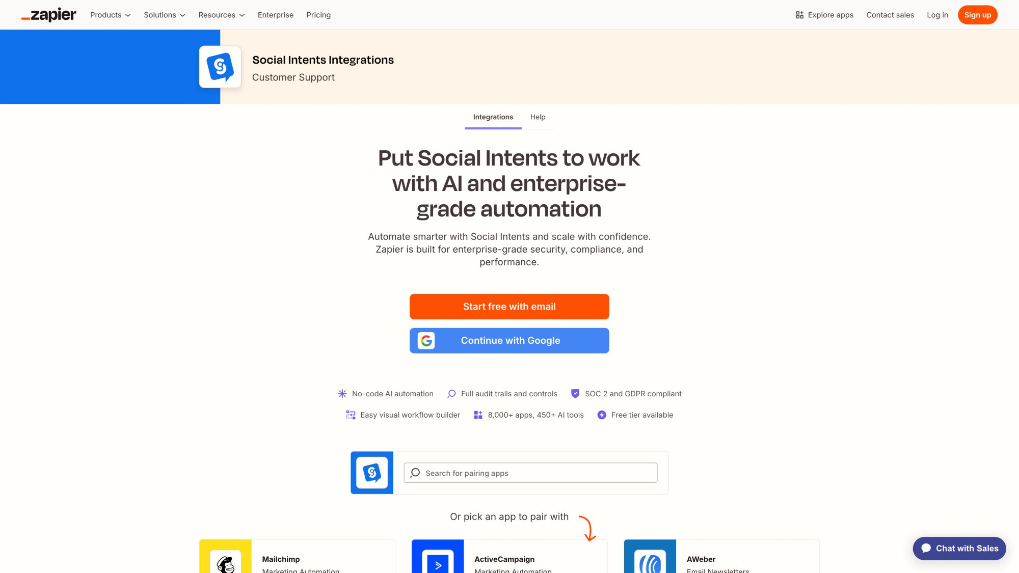 Zapier integration page showing Social Intents triggers and actions for connecting live chat to 1000+ apps