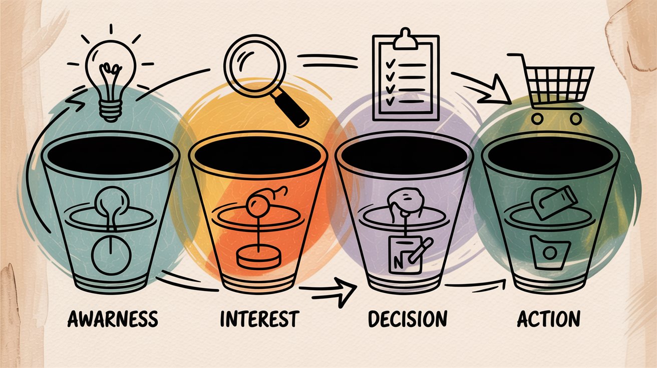 Customer journey funnel diagram showing stages from session start through chat interaction to purchase completion with drop-off rates at each stage