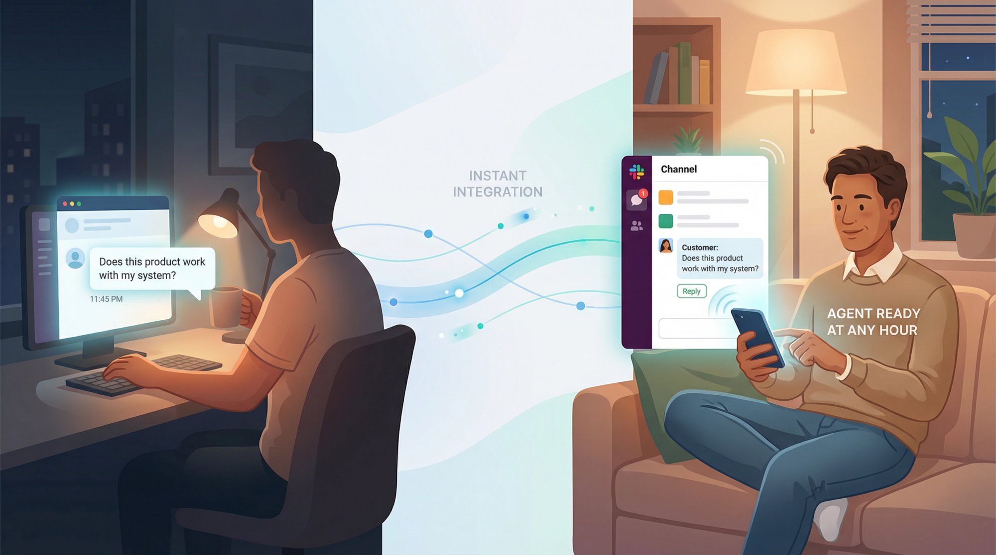 After-hours agent responding instantly from Slack on mobile phone while customer's chat question appears on left side, showing seamless integration and 24/7 coverage without complexity