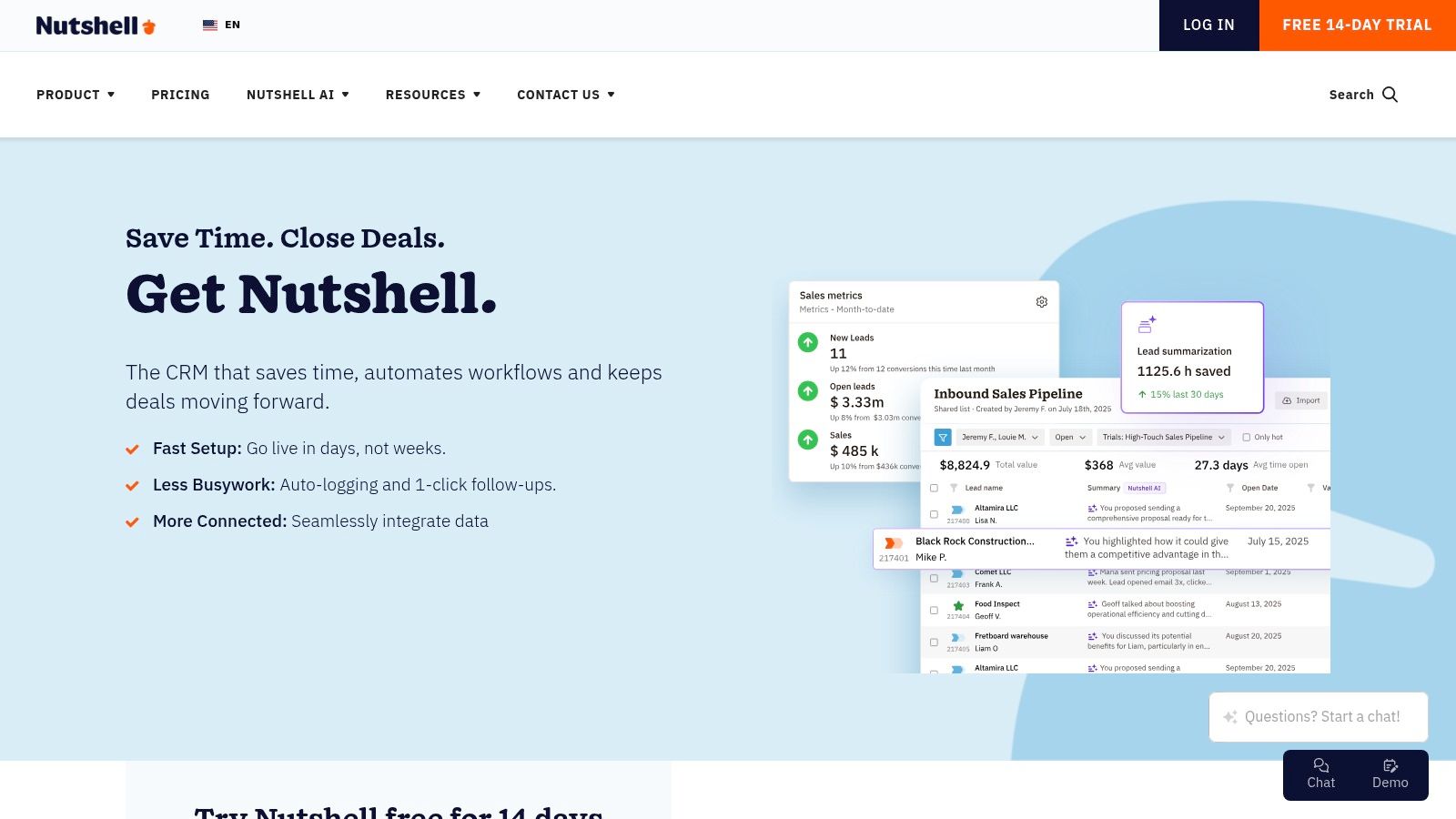 Nutshell's dashboard displays a clear overview of sales activities, new leads, and pipeline stages, providing an at-a-glance performance summary.