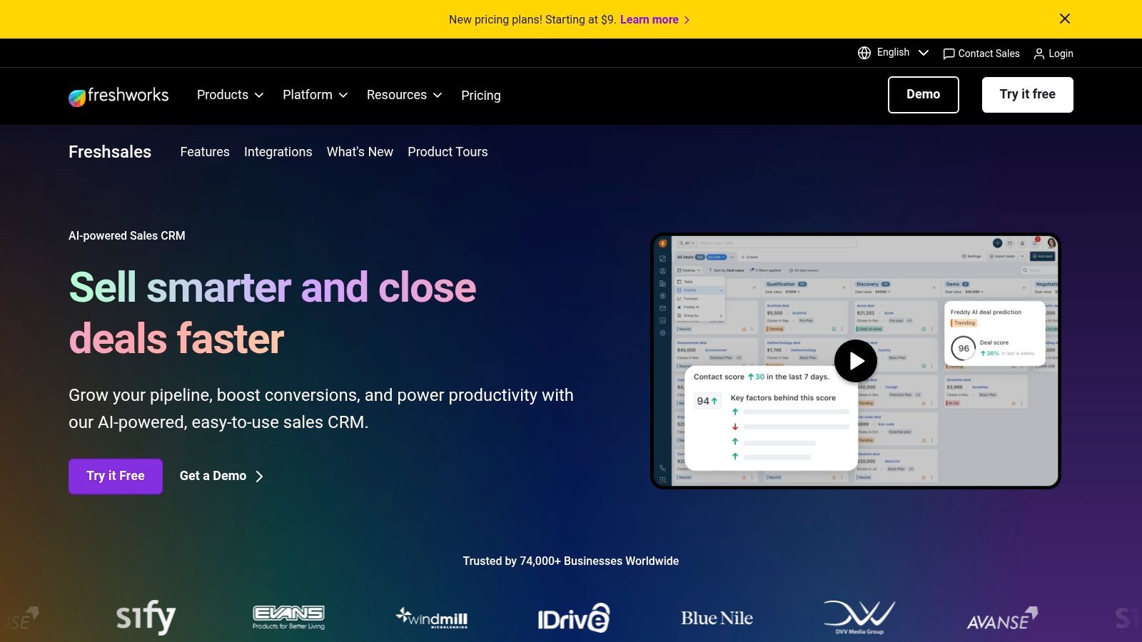 Freshsales by Freshworks displays a clean interface with a dashboard view, showing key sales metrics and activities at a glance.