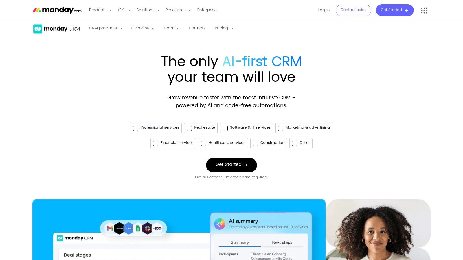 Monday Sales CRM's dashboard view showcases customizable widgets for tracking leads, deal progress, and team performance.