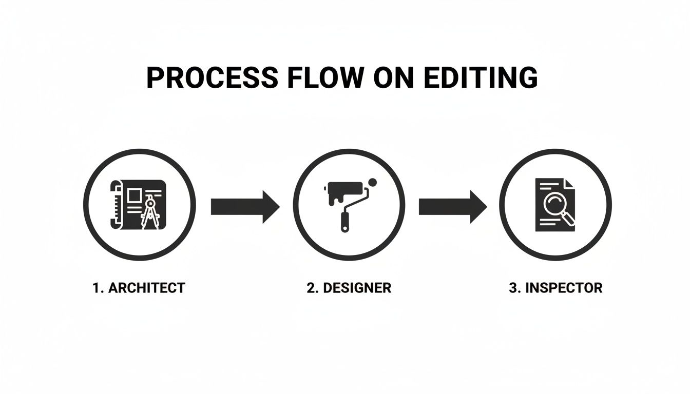 A process flow diagram showing three steps: Architect, Designer, and Inspector, connected by arrows.