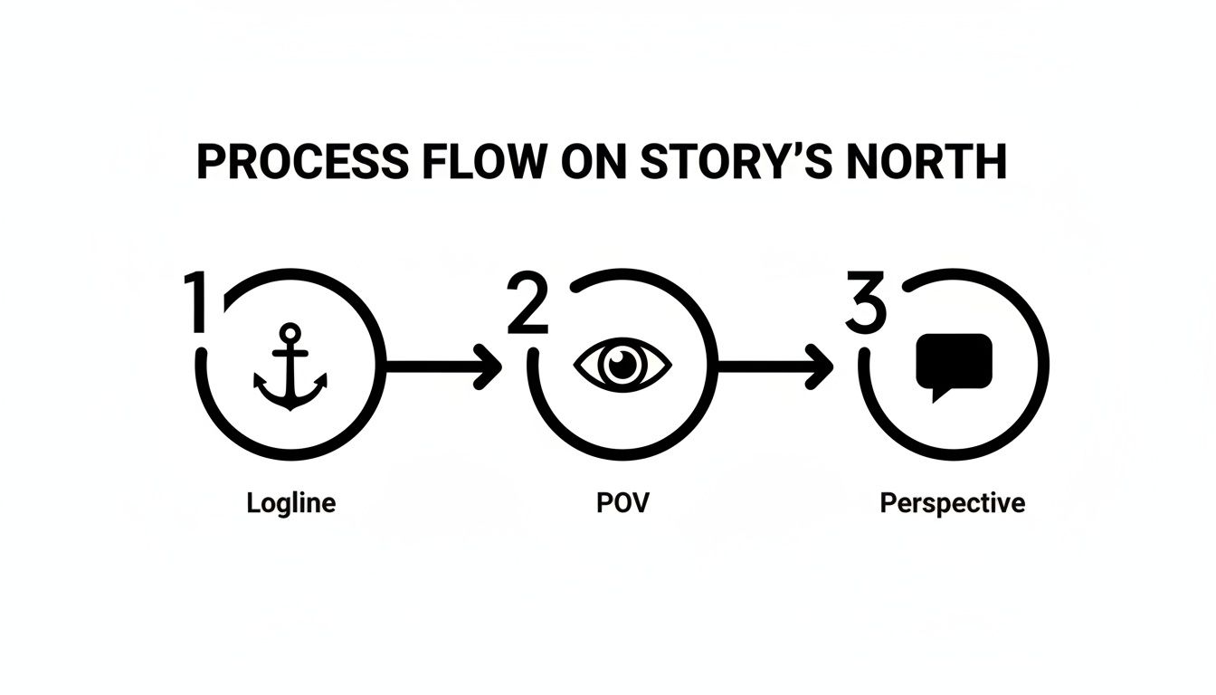 Process flow diagram showing three steps: Logline (anchor), POV (eye), and Perspective (speech bubble).