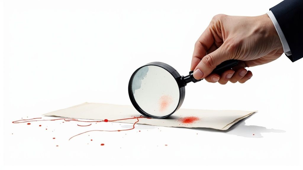 A detective uses a magnifying glass to examine a bloody fingerprint on a piece of paper.