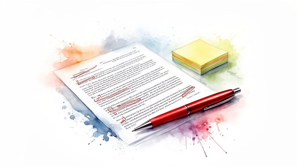 Document with red pen corrections, a red pen, and colorful sticky notes in a watercolor style.