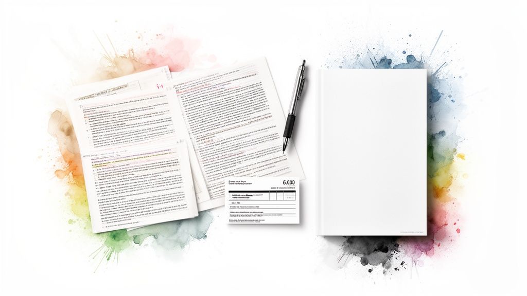 Several documents, a pen, and a blank notebook arranged on a colorful watercolor background.