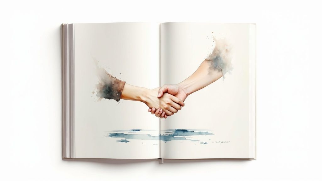 Watercolor illustration in an open book depicting two hands shaking above a blue water reflection.
