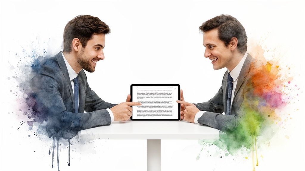 Two smiling businessmen discuss content on a tablet, surrounded by colorful watercolor splashes.