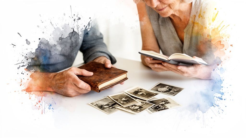 Two elderly people sharing memories, looking at vintage photographs and cherished books with watercolor accents.