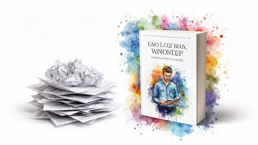 Crumpled and stacked papers representing writing process next to a published book with a reader illustration.