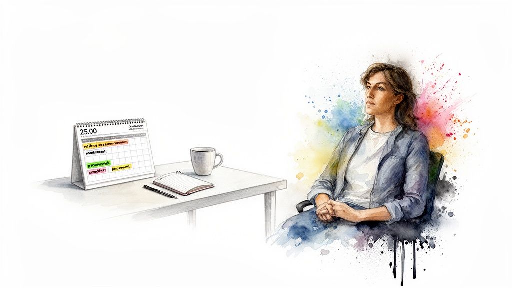 A watercolor illustration of a thoughtful woman next to a desk with a planner and coffee.