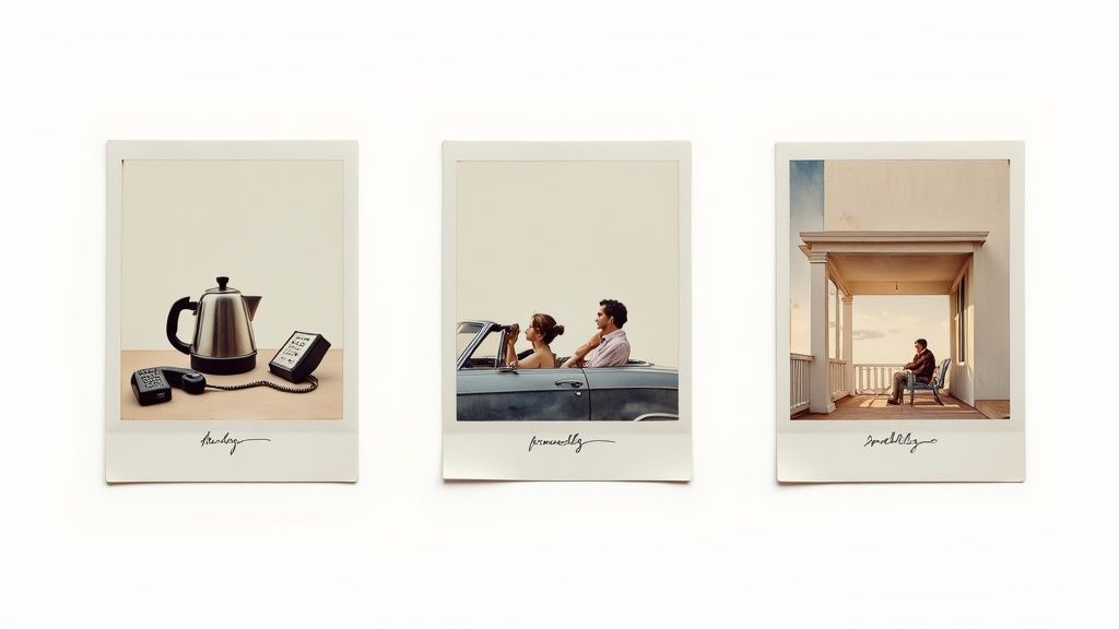 Three polaroid photos showing analog objects, proximity between people, and solitude representing memoir timeline stages