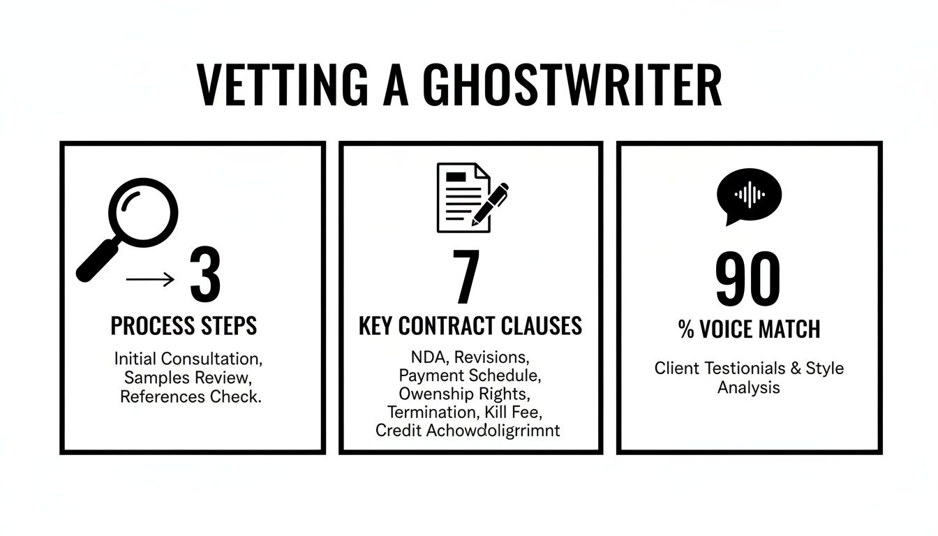 Infographic outlining key steps for vetting a ghostwriter, covering process, contract clauses, and voice match percentages.