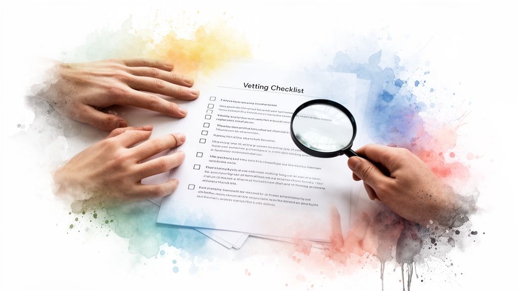 Hands, a magnifying glass, and a 'Vetting Checklist' document on a white background with watercolor splashes.