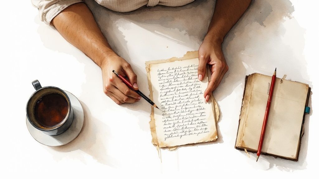 Overhead view of a person writing with a pencil on old paper, with a coffee cup and open book.