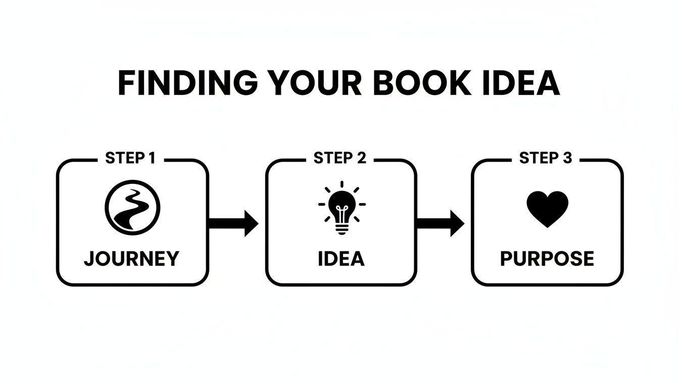 Flowchart illustrating three steps to find a book idea: Journey, Idea, and Purpose.