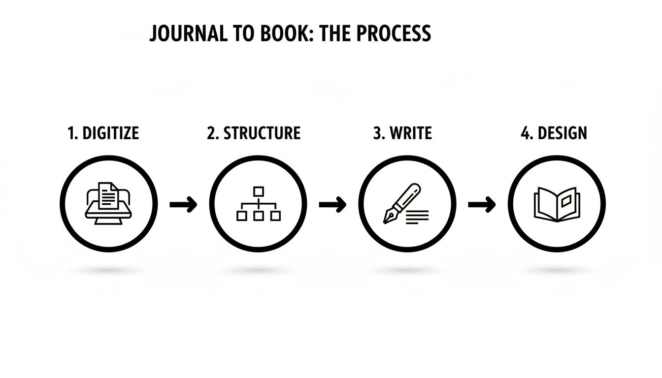 Infographic illustrating the four steps to transform a journal into a published book: Digitizing, Structuring, Writing, and Designing.