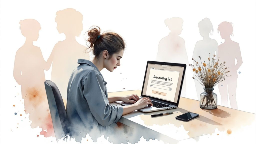 Woman typing on a laptop with 'Join mailing list' on screen, watercolor silhouettes in background.