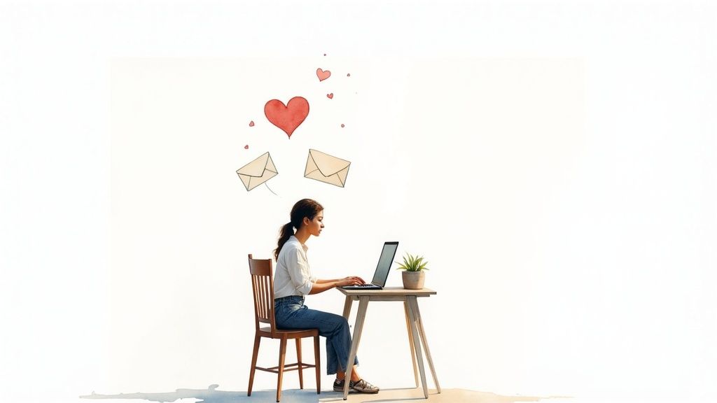 A young woman types on a laptop at a simple desk, with illustrated hearts and envelopes floating above.