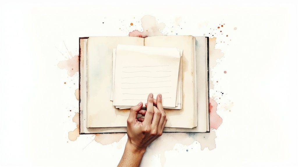A hand holding blank lined papers on an open book, with watercolor splashes surrounding.