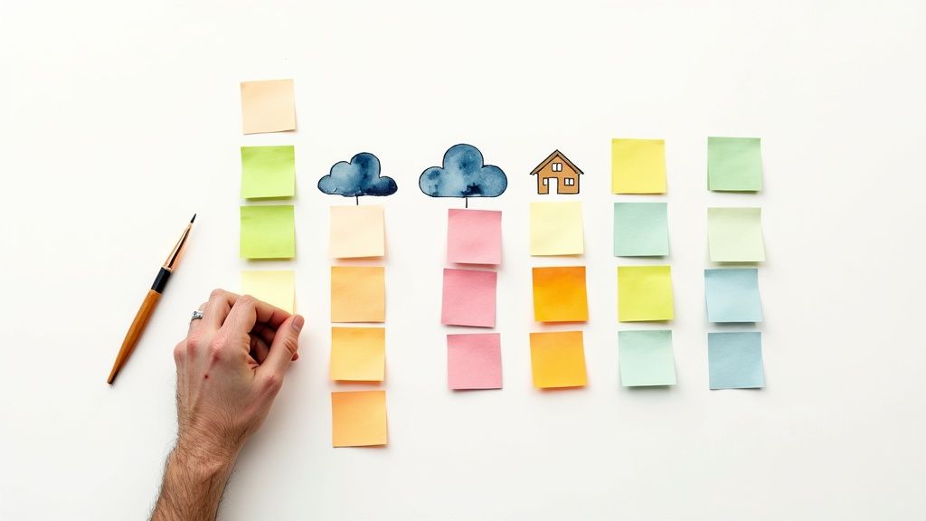 A hand places colorful sticky notes below drawn clouds and a house, illustrating visual planning.