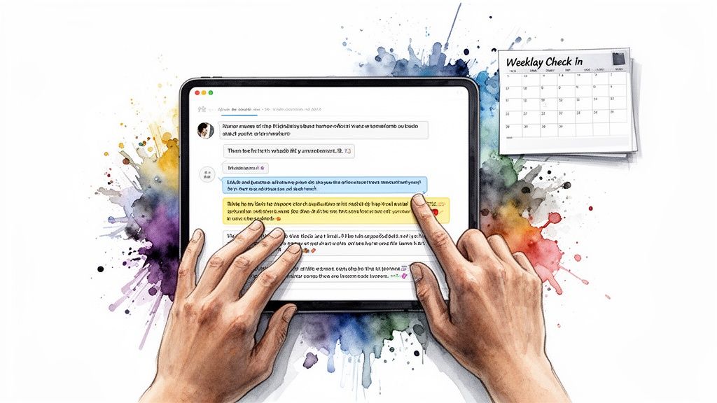 Hands interact with a tablet displaying a chat app and a calendar, surrounded by watercolor art.