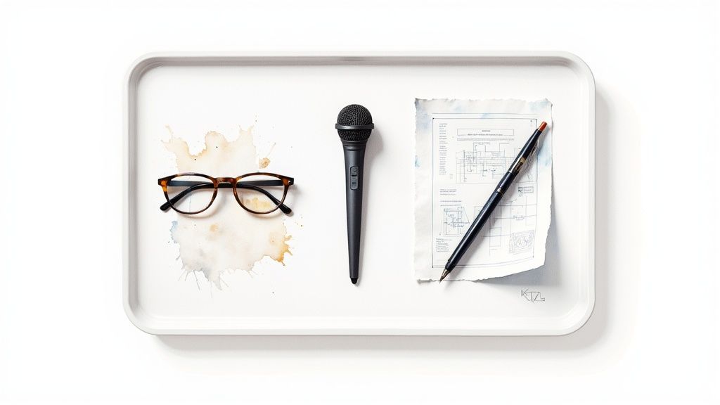 A flat lay of glasses, microphone, document, and pen on a white tray with watercolor splatters.