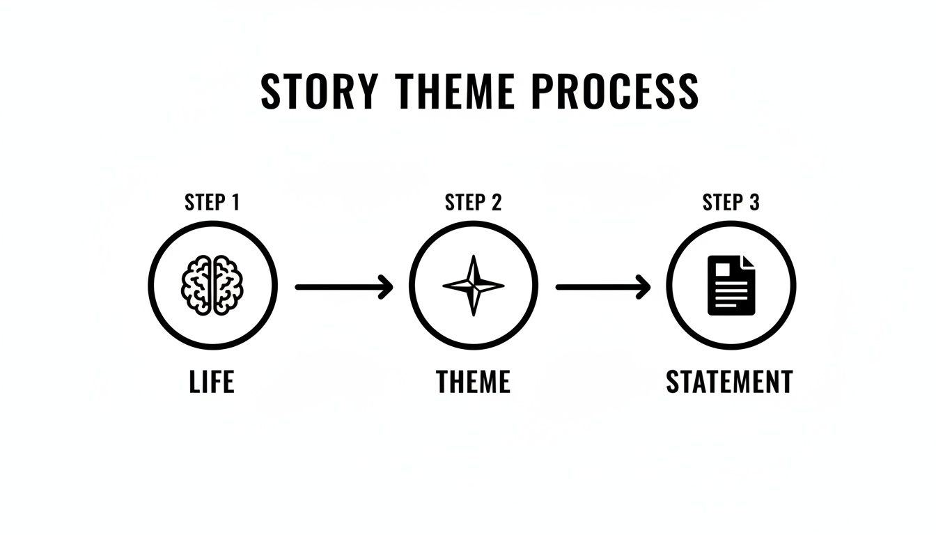 A three-step diagram illustrates the story theme process from life experiences to a theme statement.