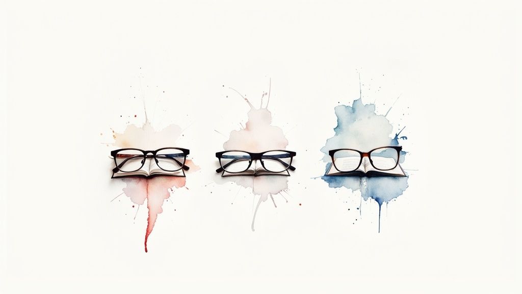 Three pairs of eyeglasses resting on open books, each on a unique watercolor splash.