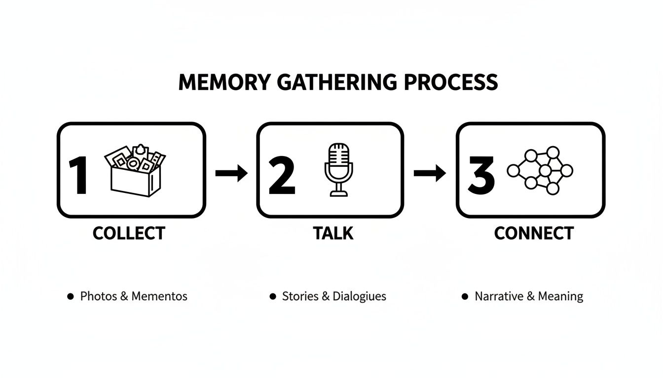 A flowchart showing the three-step memory gathering process: Collect, Talk, and Connect.