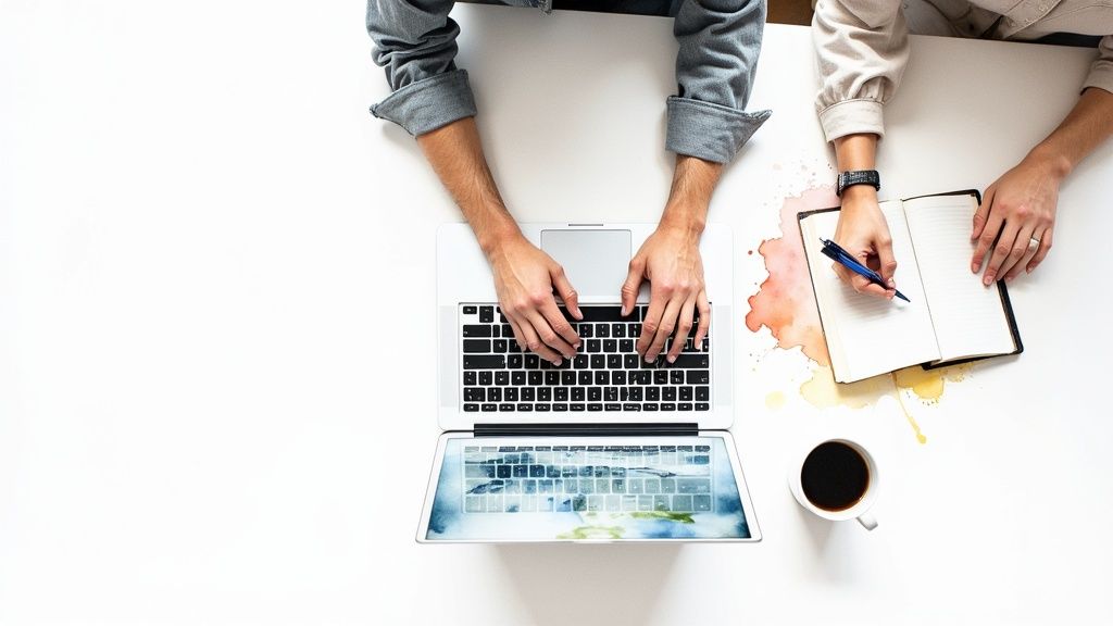 Overhead shot of two people working side-by-side with a laptop, notebook, and spilled coffee.