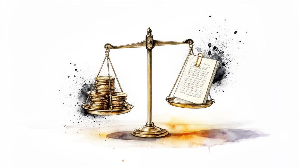 A watercolor illustration of a balance scale with gold coins on one side and a document on the other.